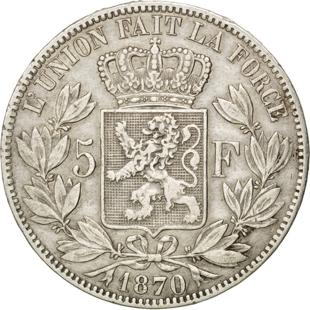 BELGIUM, 5 Francs, 5 Frank, 1870, KM #24, EF(40-45), Silver, 24.86