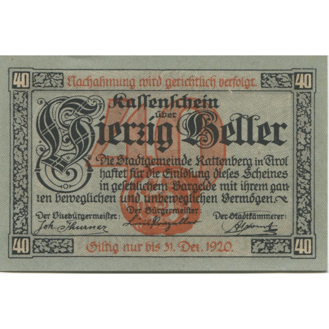Banknote, Austria, Rattenberg, 40 Heller, place, 1920 UNC(63) Mehl:FS 821I
