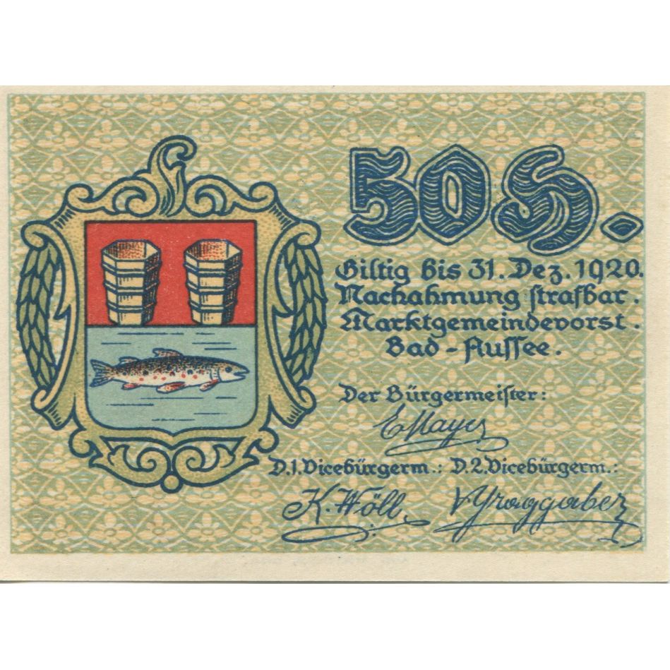 Banknote, Austria, Bad Aussee, 50 Heller, montagne, 1920 UNC(63) Mehl:FS 73