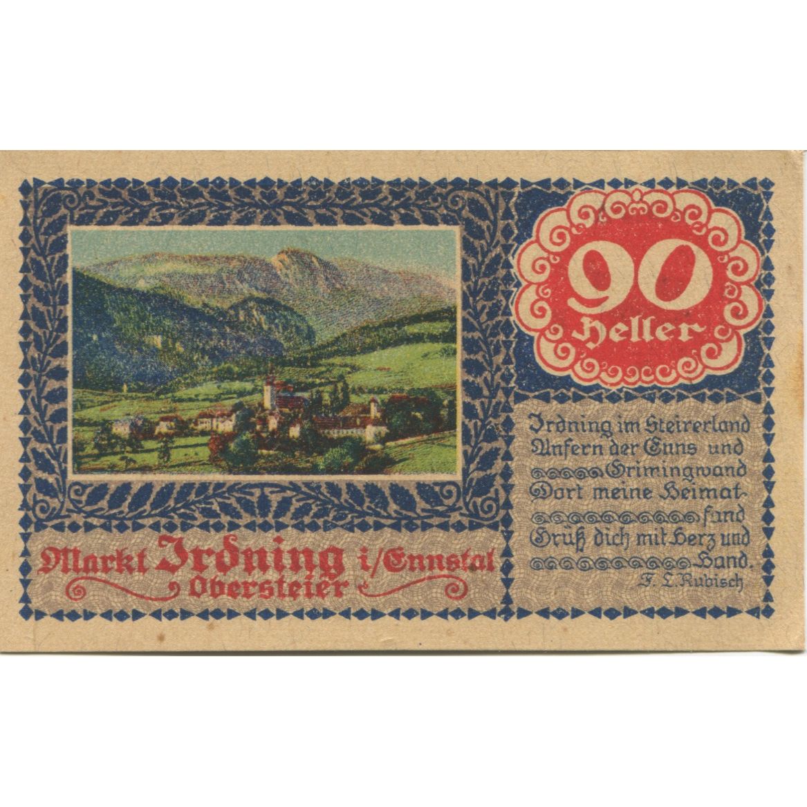 Banknote, Austria, Irdning, 90 Heller, paysage, UNC(63), Mehl:FS 416