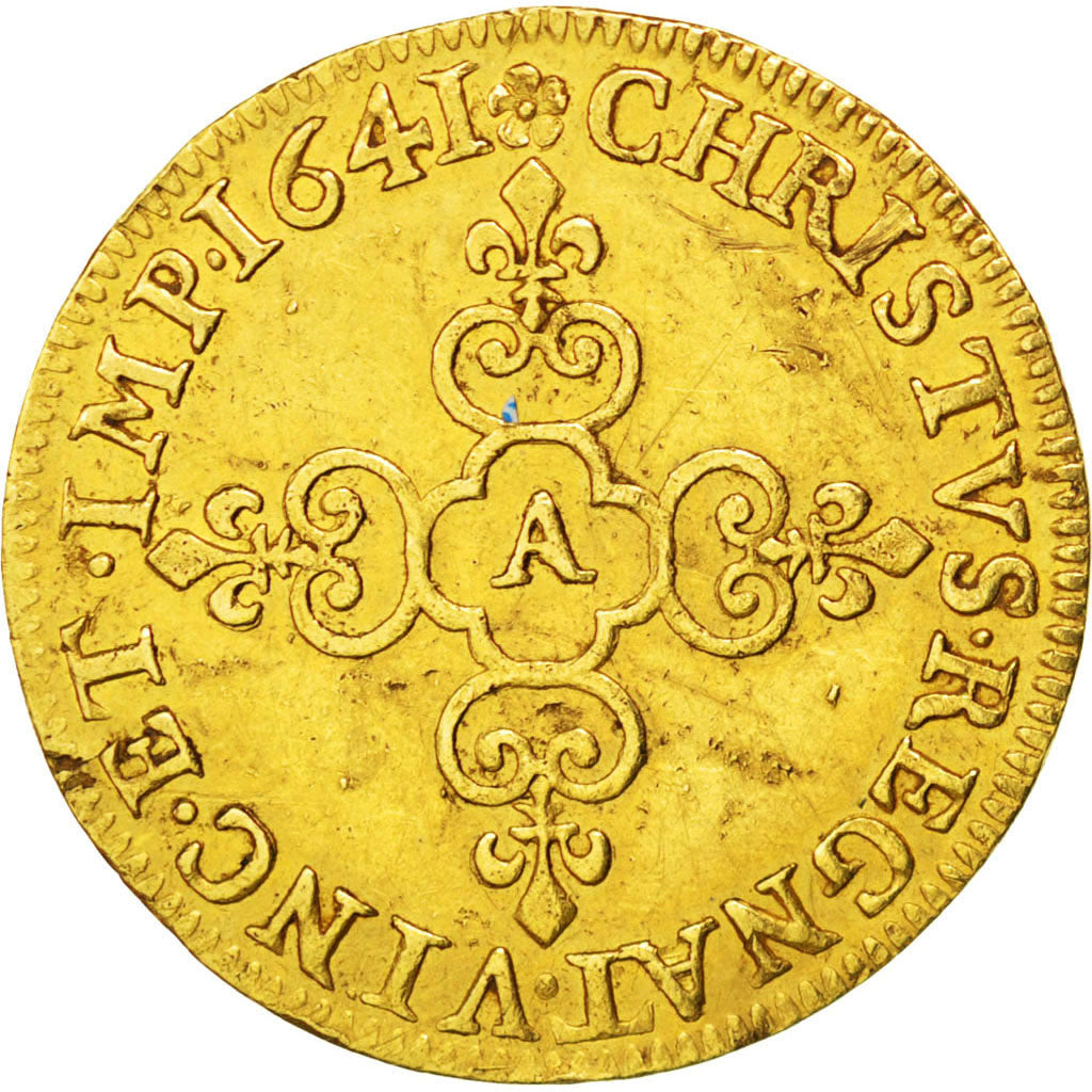 FRANCE, ECU D'or, 1641, Paris, KM #123, AU(50-53), Gold, Gadoury #55, 3.35