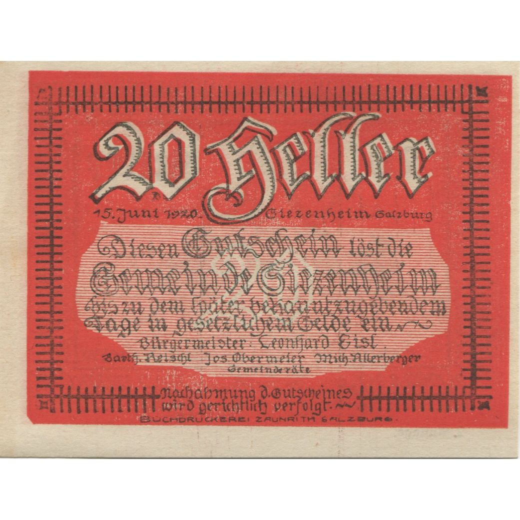 Banknote, Austria, Siezenheim, 20 Heller, roi, UNC(63), Mehl:FS 996b