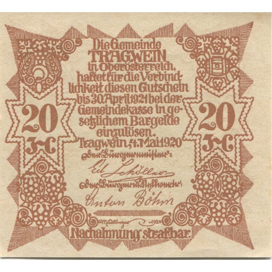 Banknote, Austria, Tragwein, 20 Heller, Eglise 1, 1921 UNC(63) Mehl:FS 1075Ia