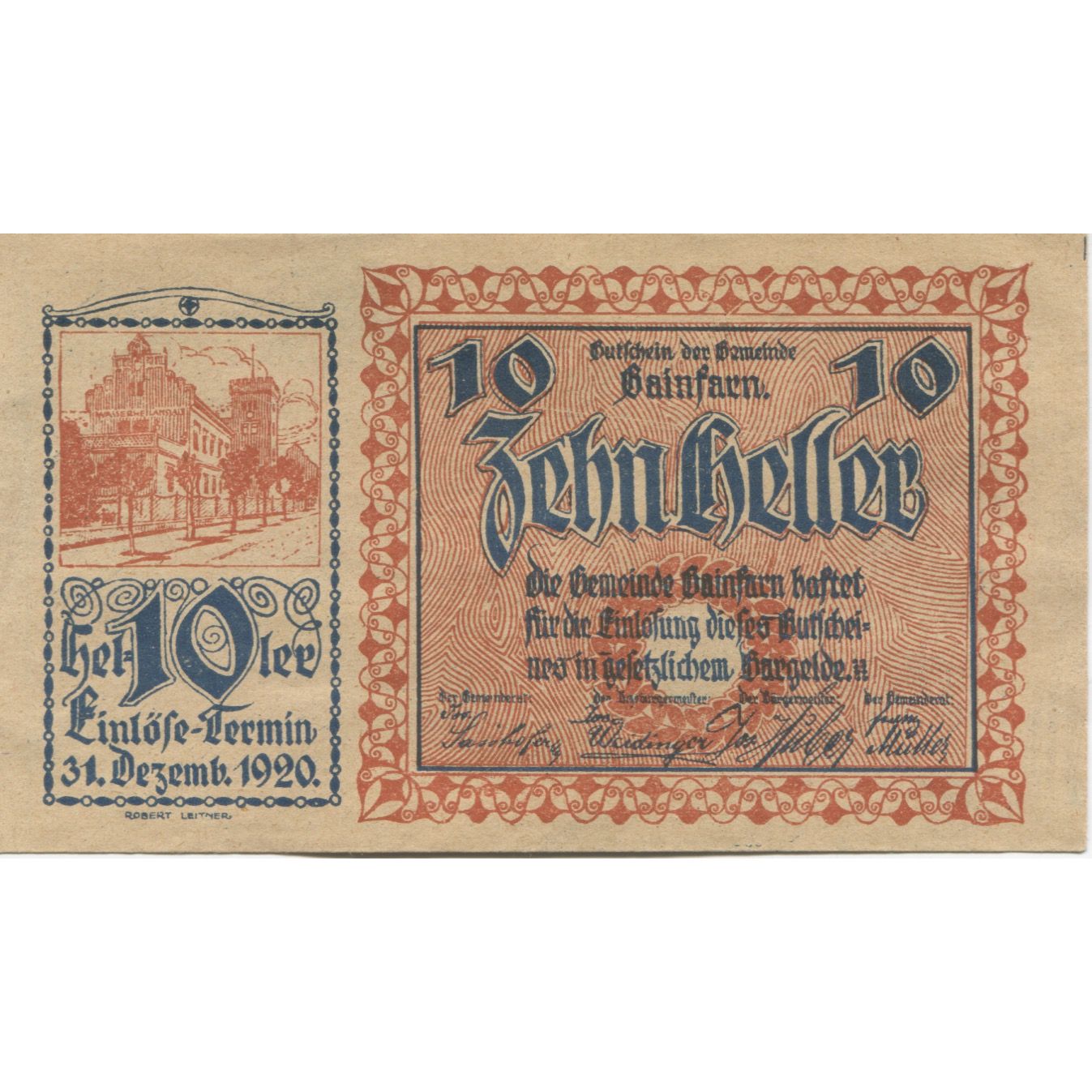 Banknote, Austria, Gainfarn, 10 Heller, rue, 1920-12-31, UNC(63), Mehl:FS 217a