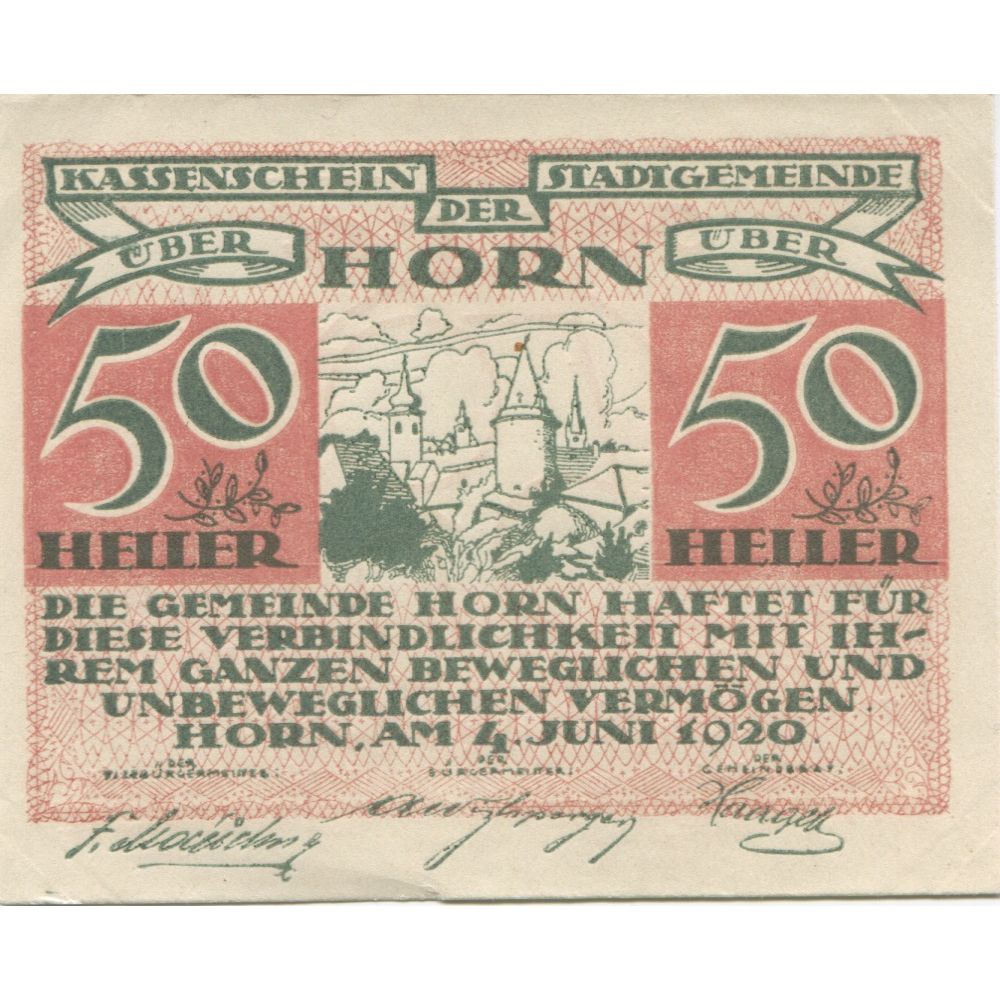 Banconote, Austria, Horn, 50 Heller, château, 1920, SPL, Mehl:FS 397