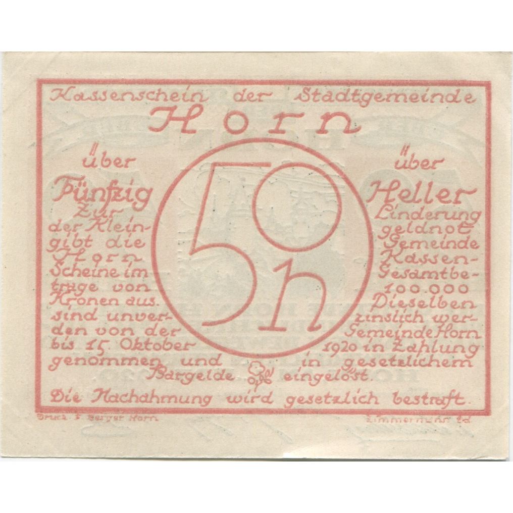 Banconote, Austria, Horn, 50 Heller, château, 1920, SPL, Mehl:FS 397
