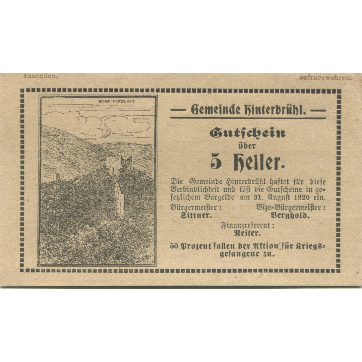 Nota, Áustria, Hinterbrühl, 5 Heller, ruine 1920-08-31, UNC(63) Mehl:FS 376