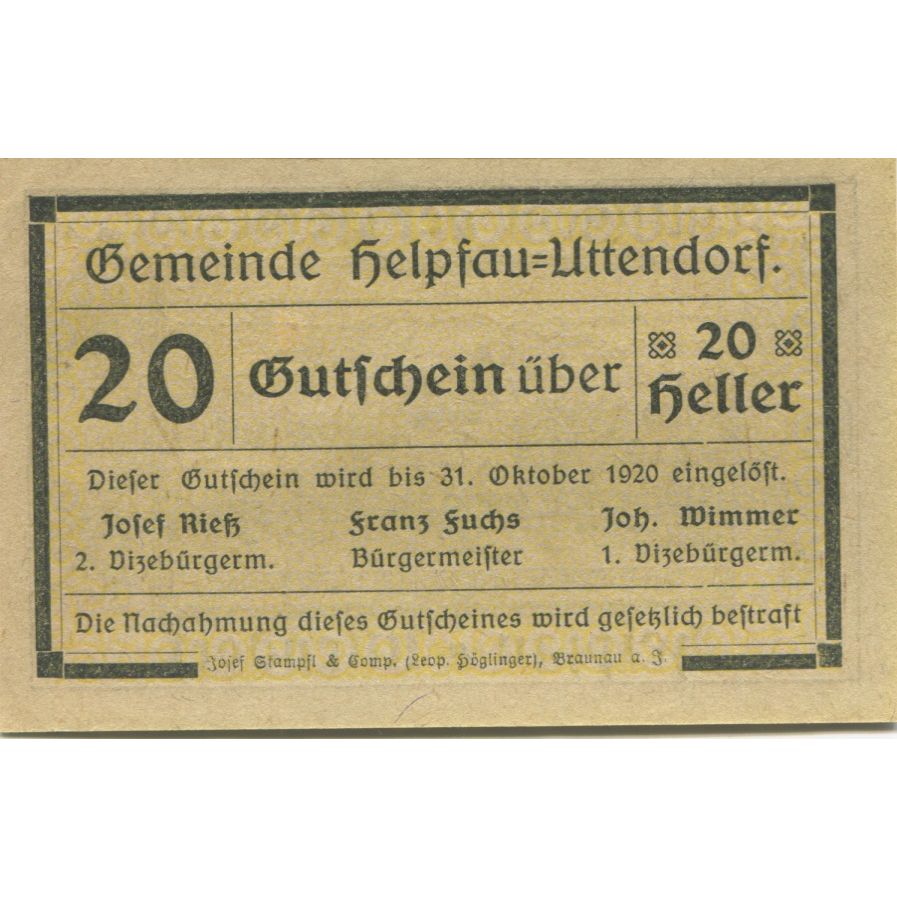 Banknote, Austria, Helpfau, 20 Heller, village, 1920 UNC(63) Mehl:FS 365Ia