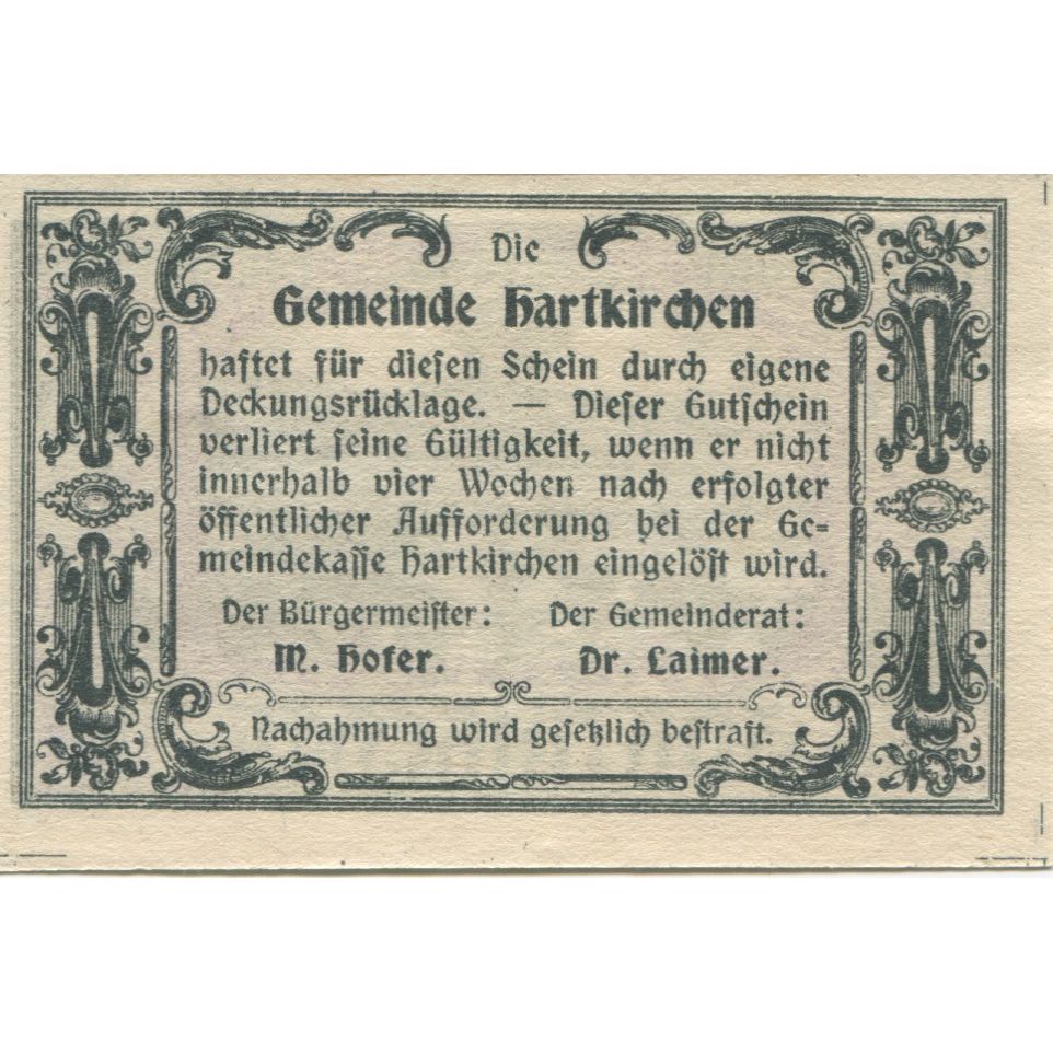 Banknot, Austria, Hartkirchen, 50 Heller, paysage, 1920, UNC(63), Mehl:FS 353IIb