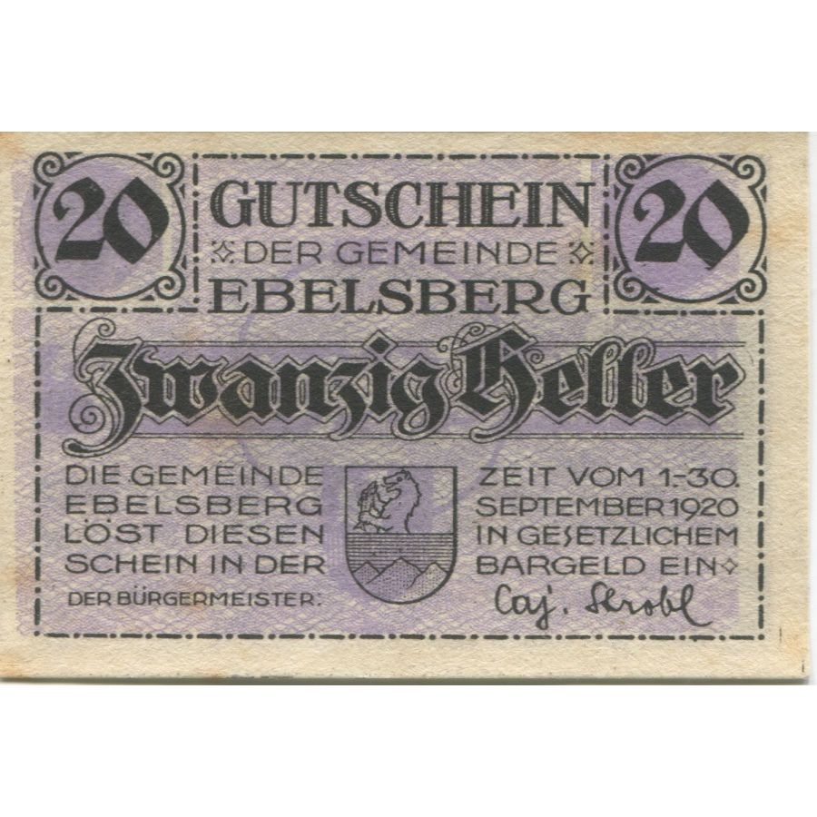 Nota, Áustria, Ebelsberg, 20 Heller, Blason 1920-09-30, UNC(63) Mehl:FS 140Ia