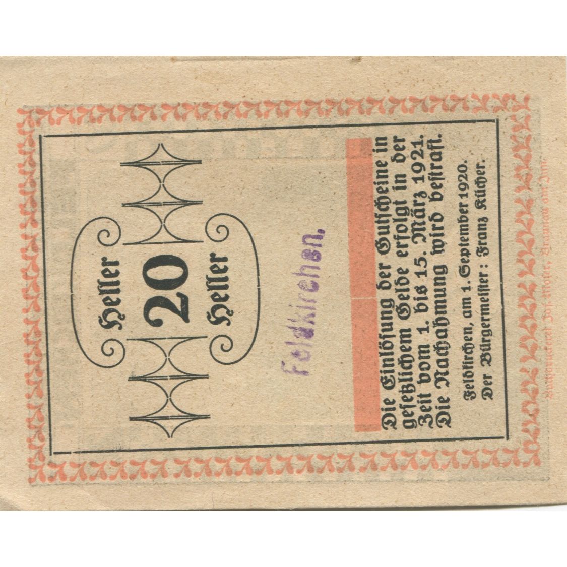 Banknot, Austria, Feldkirchen, 20 Heller, Eglise 1921-03-15 UNC(63) Mehl:FS 196a