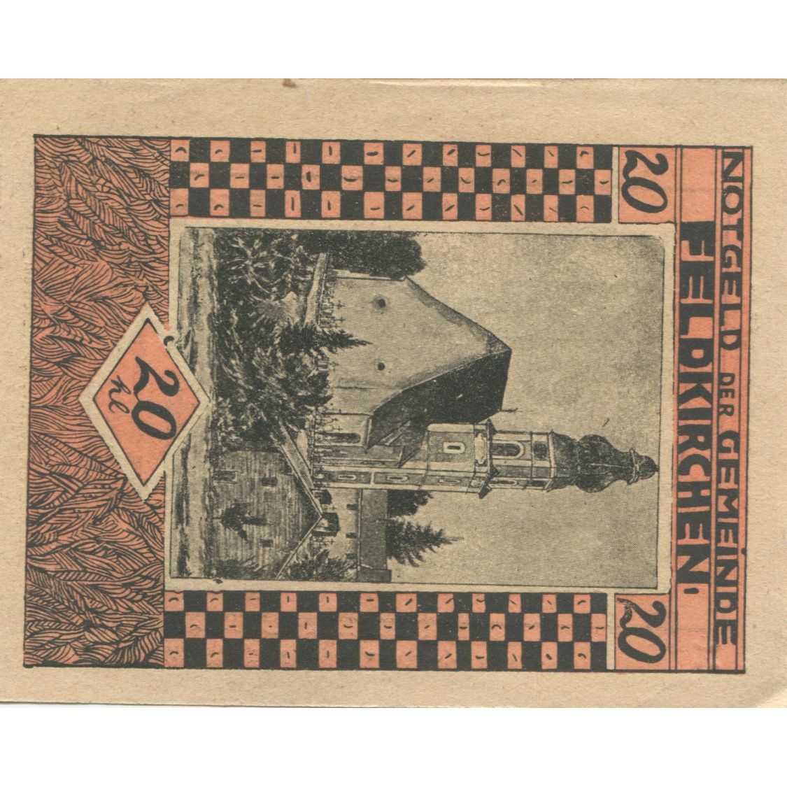 Banknot, Austria, Feldkirchen, 20 Heller, Eglise 1921-03-15 UNC(63) Mehl:FS 196a