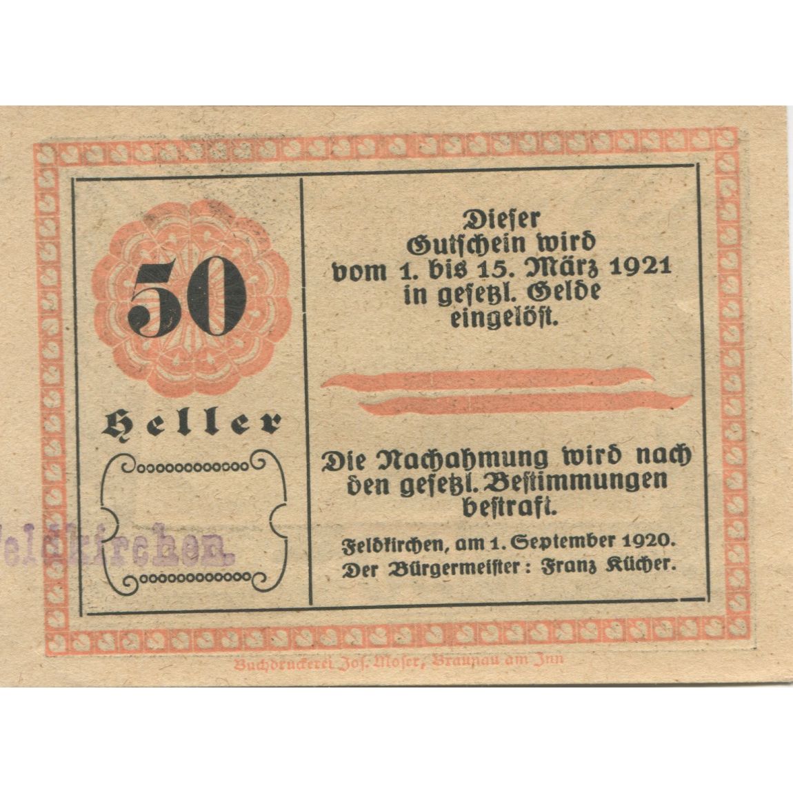 Nota, Áustria, Feldkirchen, 50 Heller, paysage 1921-03-15, UNC(63) Mehl:FS 196a