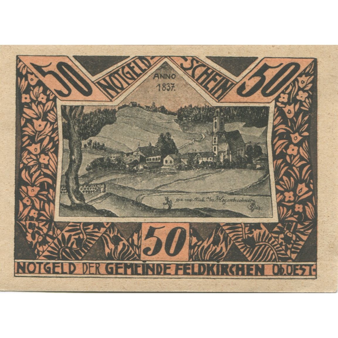 Nota, Áustria, Feldkirchen, 50 Heller, paysage 1921-03-15, UNC(63) Mehl:FS 196a