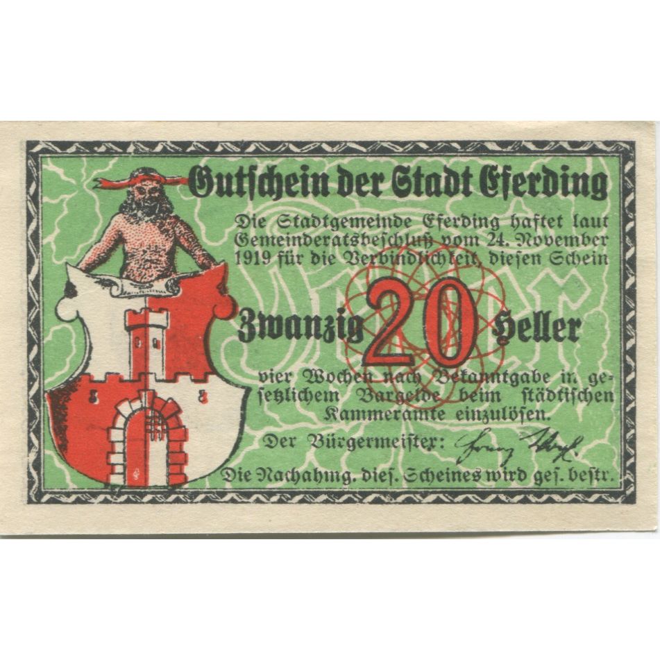 Billet, Autriche, Eferding, 20 Heller, Blason, 1920, SPL, Mehl:FS 152I