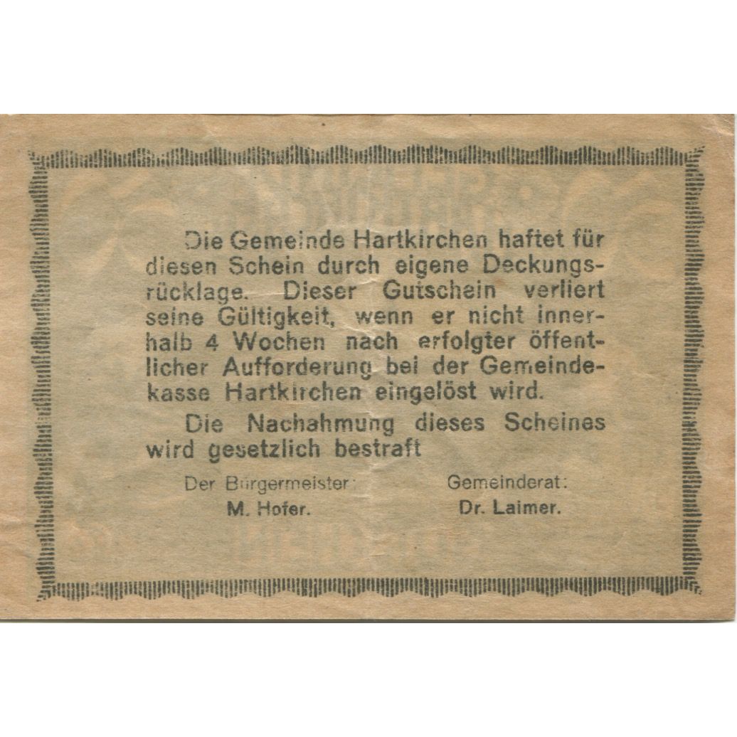 Nota, Áustria, Hartkirchen, 50 Heller, champs 1920-12-31 AU(55-58) Mehl:FS 353Ia
