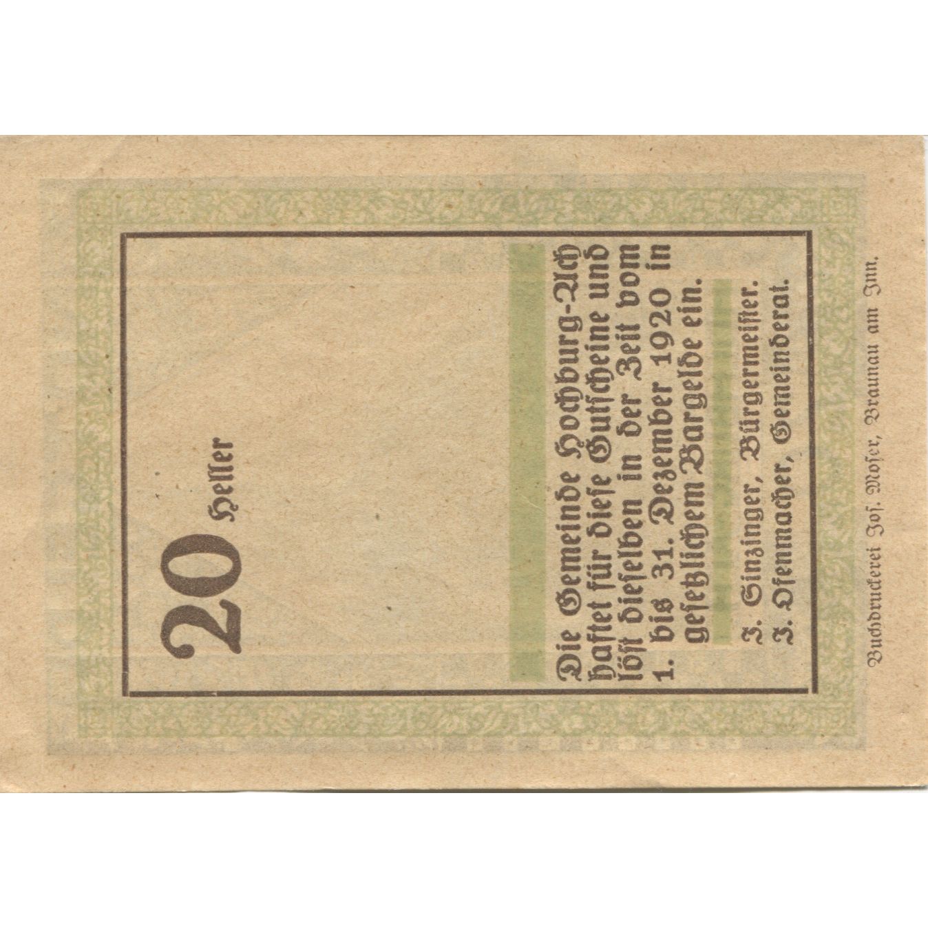 Banknote, Austria, Hochburg-Ach, 20 Heller, Eglise, 1920 UNC(63) Mehl:FS 382a