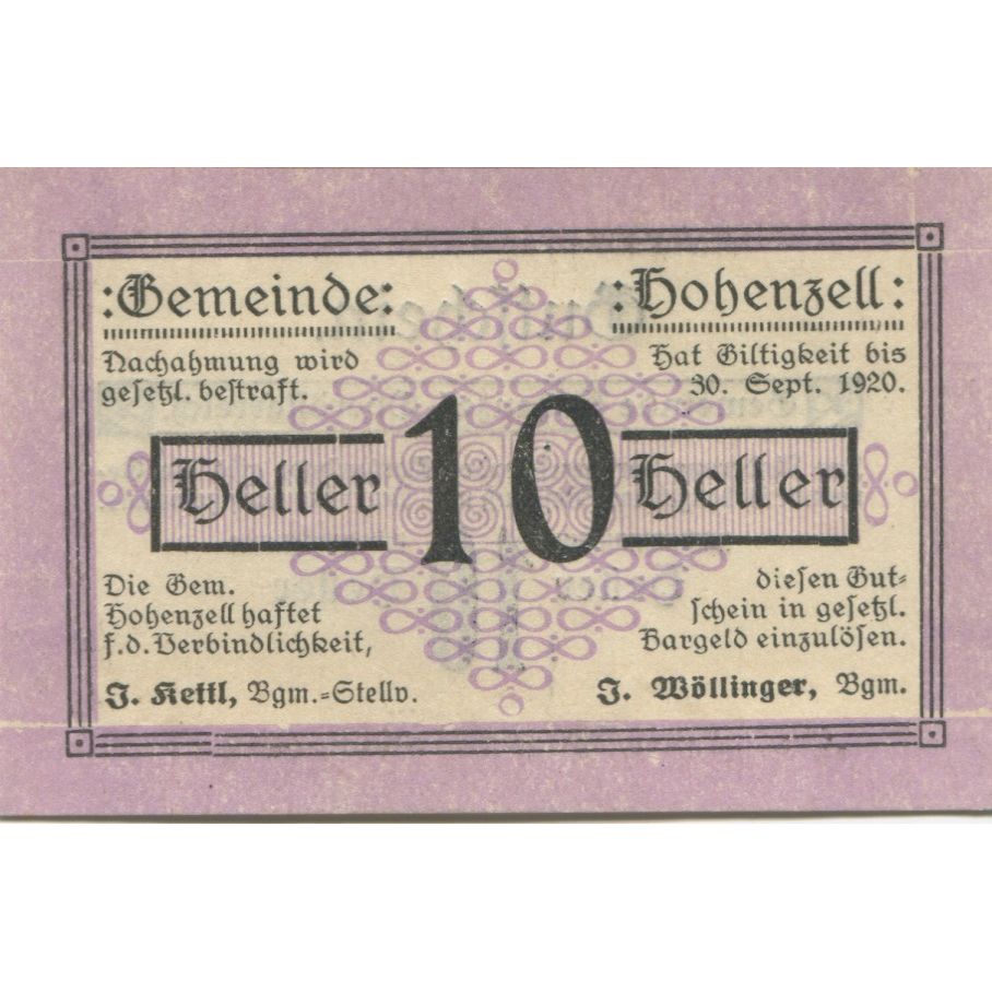 Nota, Áustria, Hohenzell, 10 Heller, valeur faciale, 1920, UNC(63) Mehl:FS 389I