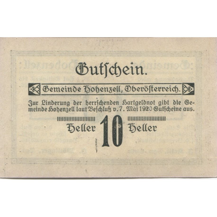Nota, Áustria, Hohenzell, 10 Heller, valeur faciale, 1920, UNC(63) Mehl:FS 389I