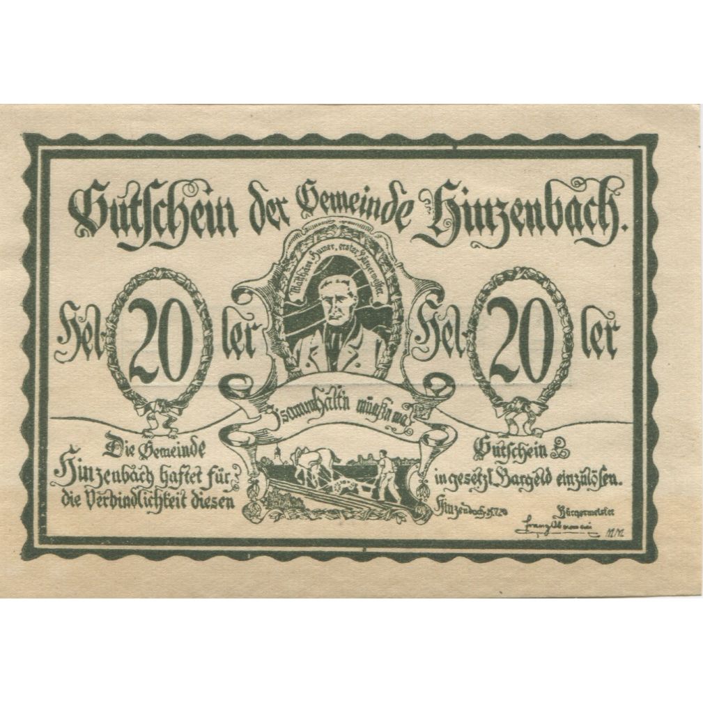 Banknot, Austria, Hinzenbach, 20 Heller, personnage 1920 UNC(63) Mehl:FS 378IIa