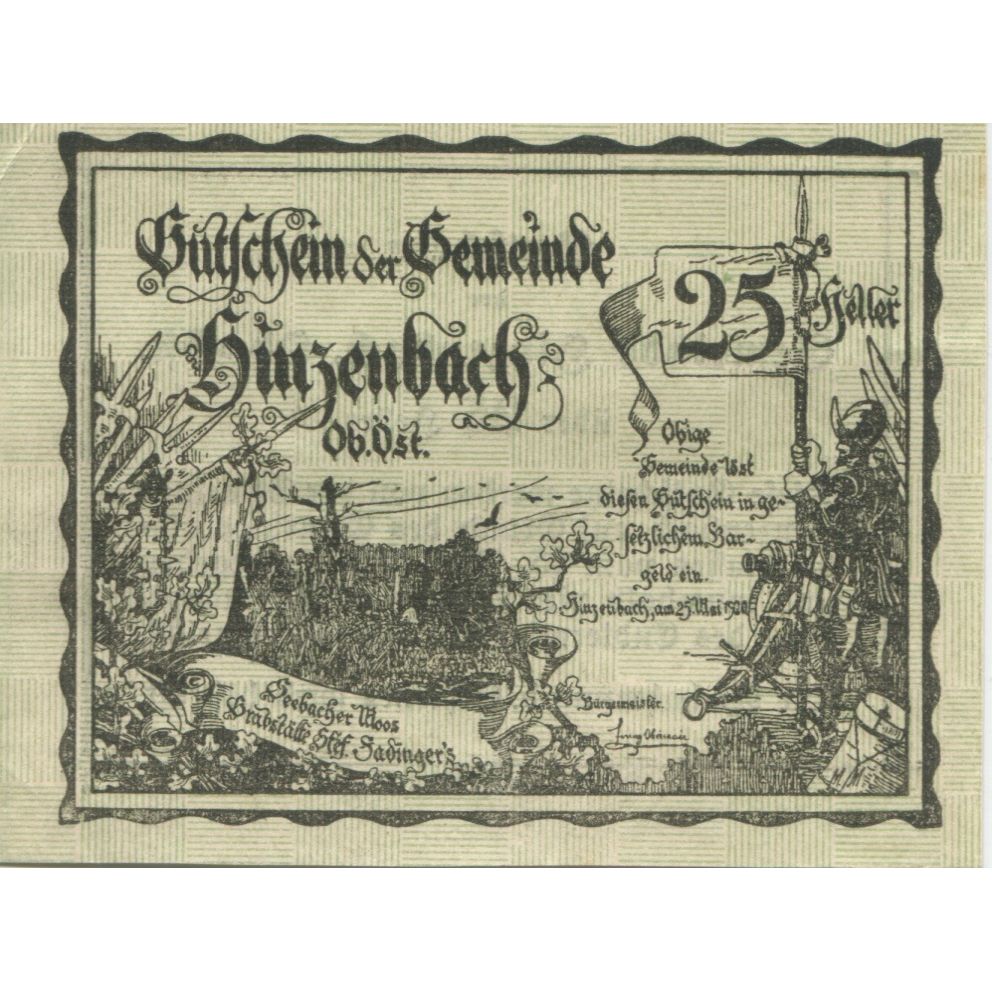 Banknote, Austria, Hinzenbach, 25 Heller, personnage 1920 UNC(63) Mehl:FS 378IIa