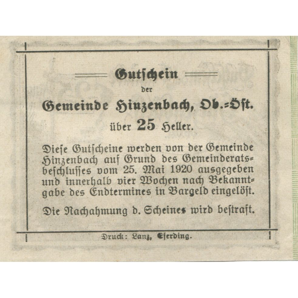 Banknote, Austria, Hinzenbach, 25 Heller, personnage 1920 UNC(63) Mehl:FS 378IIa