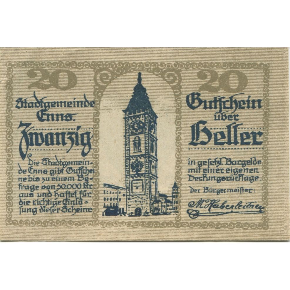 Banknot, Austria, Enns, 20 Heller, Eglise 1920-12-31, AU(55-58) Mehl:FS 174Ia