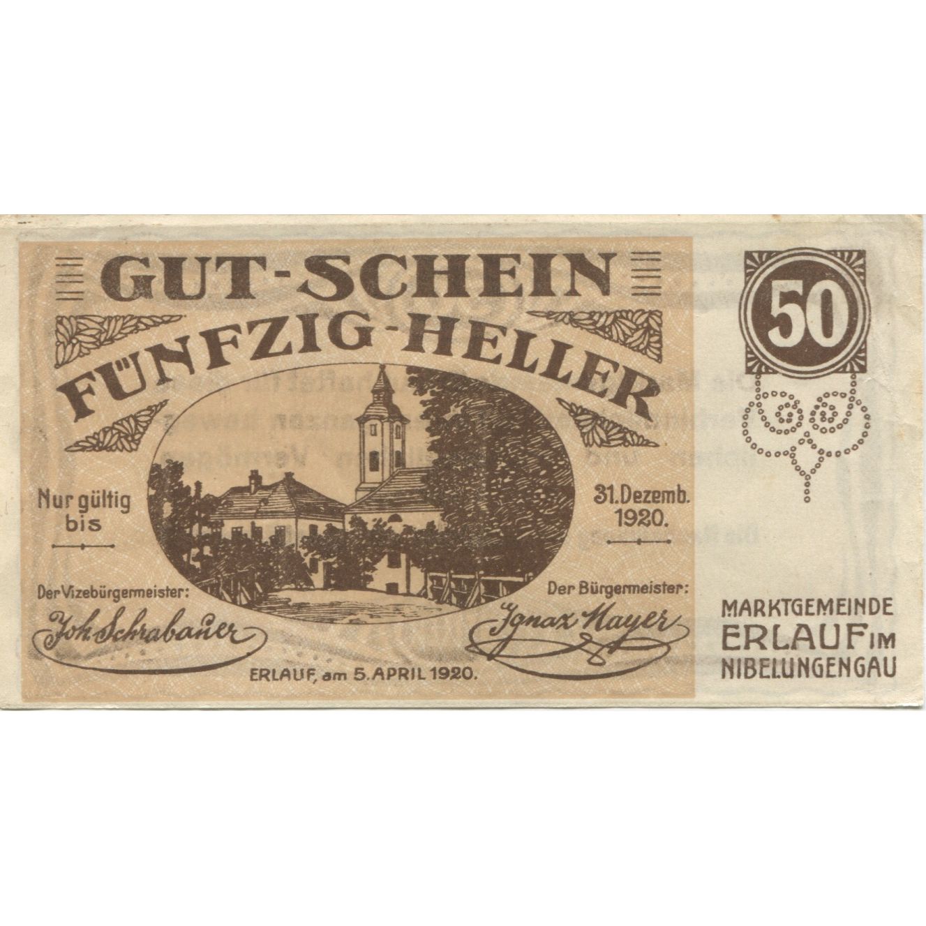Nota, Áustria, Erlauf, 50 Heller, Eglise 1920-12-31, AU(55-58), Mehl:FS 181a