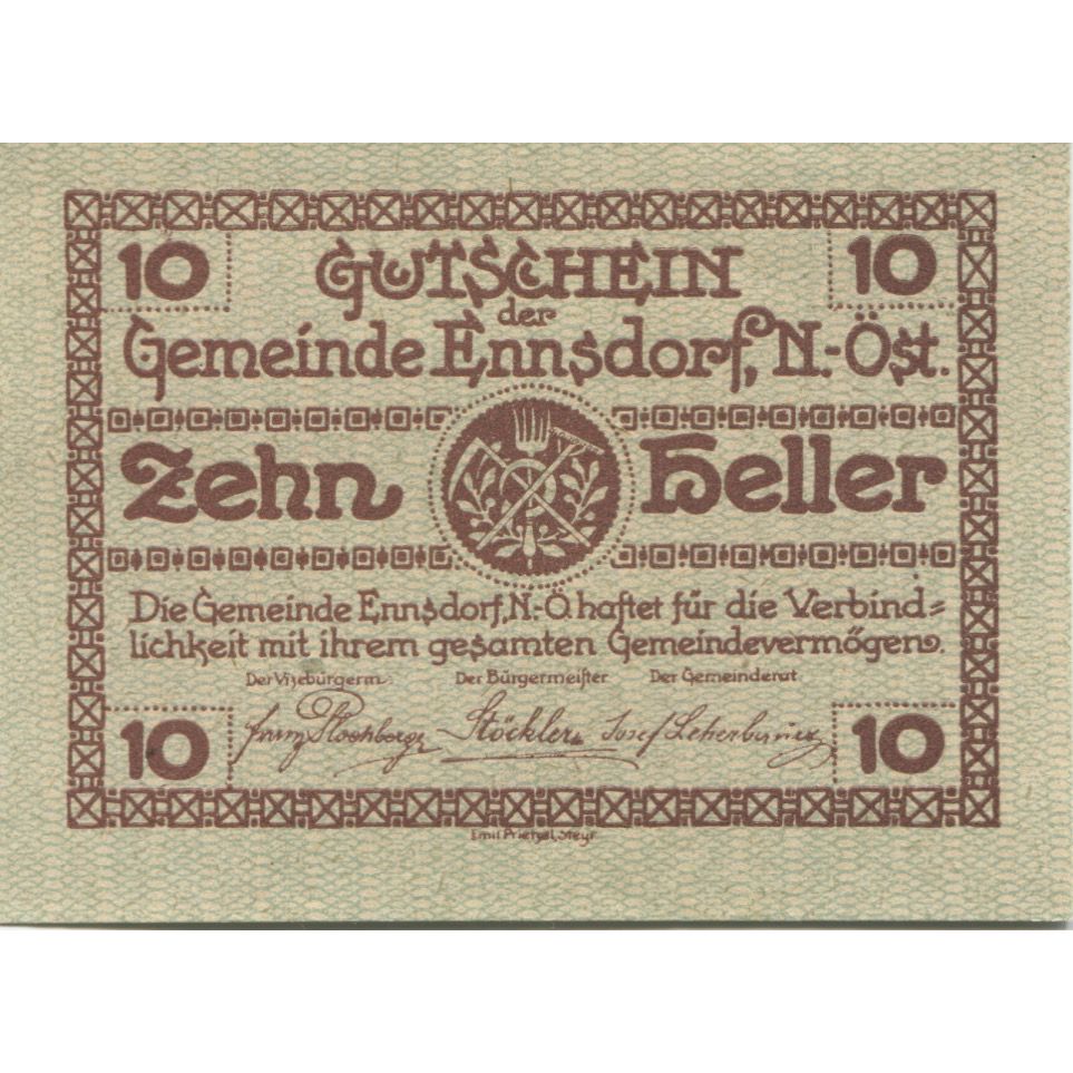 Banconote, Austria, Ennsdorf, 10 Heller, manoir 1920-12-31, SPL, Mehl:FS 178a