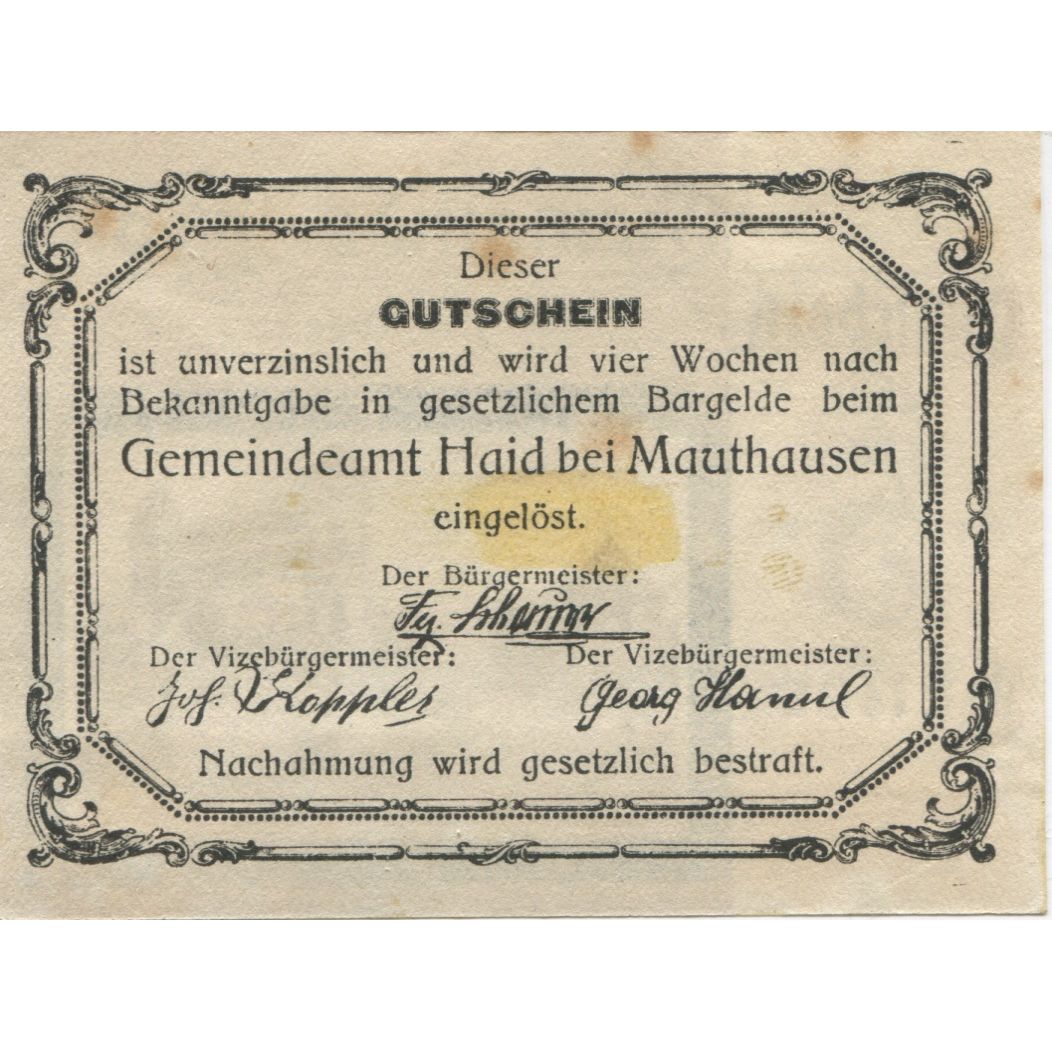 Billet, Autriche, Haid, 5 Heller, cimetière 1920-12-31, TTB, Mehl:FS 334II