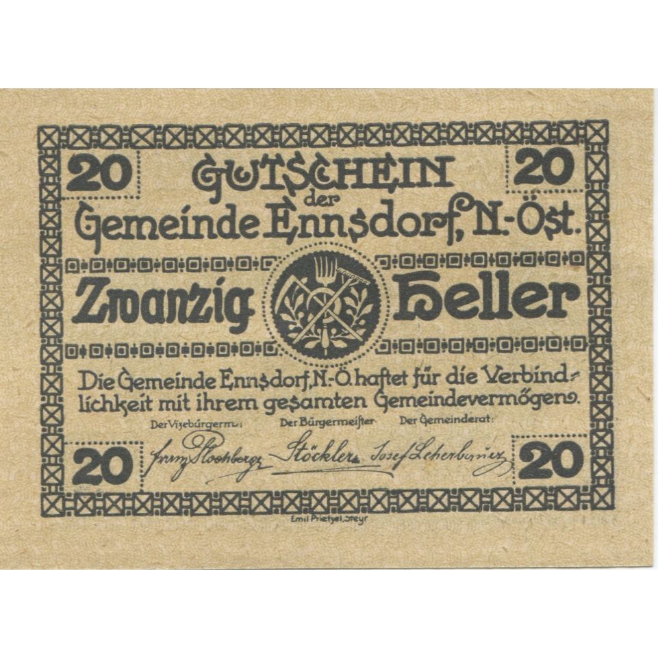 Geldschein, Österreich, Ennsdorf, 20 Heller, rue, 1920 UNZ- Mehl:FS 178a