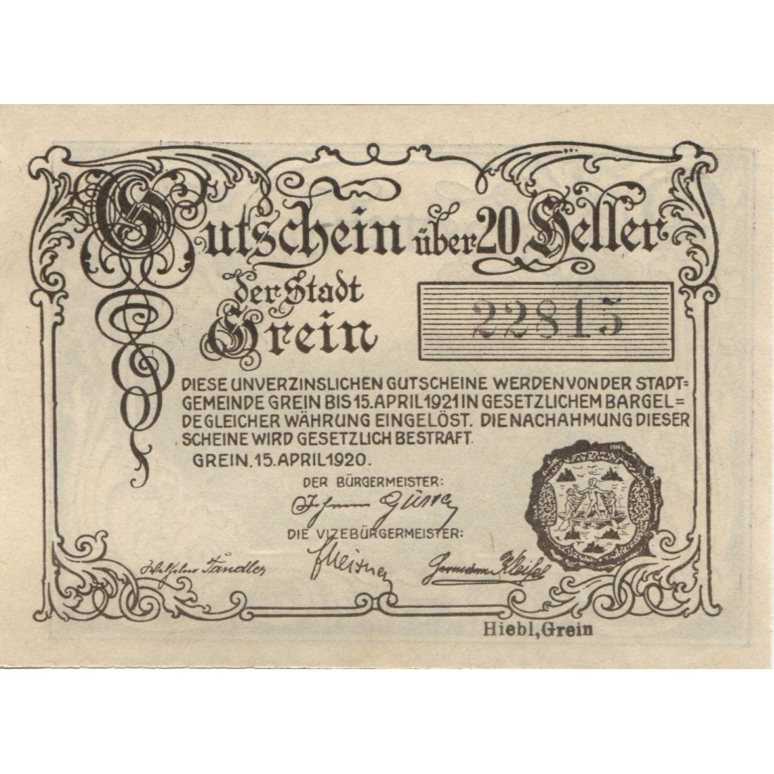 Banknote, Austria, Grein, 20 Heller, lac 1920-12-31, UNC(63), Mehl:FS 276IIc