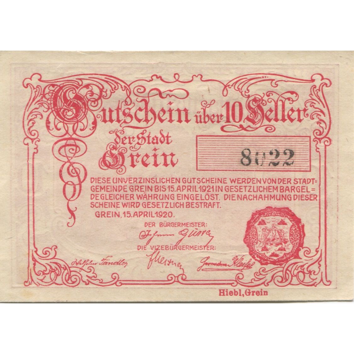 Geldschein, Österreich, Grein, 10 Heller, village 1920-12-31 UNZ- Mehl:FS 276IIb