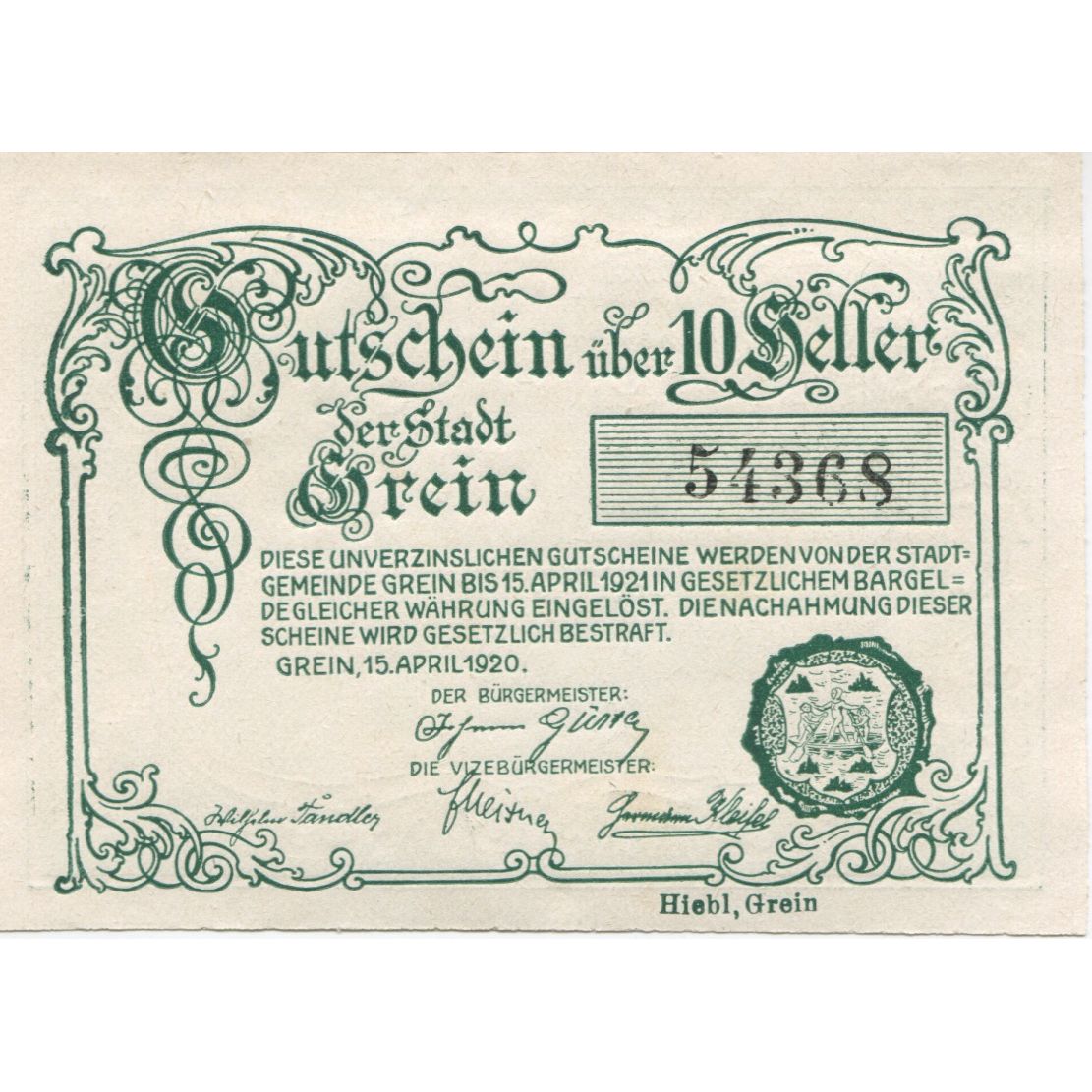 Biljet, Oostenrijk, Grein, 10 Heller, Eglise, 1920, SPL, Mehl:FS 276IIa