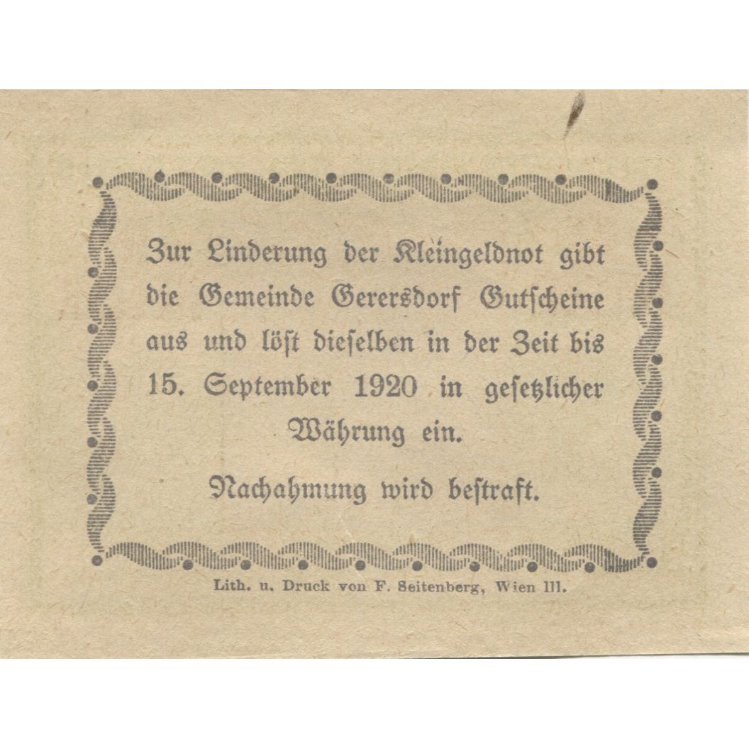 Banknot, Austria, Gerersdorf, 10 Heller, Eglise 1920-09-15, UNC(63) Mehl:FS 230a