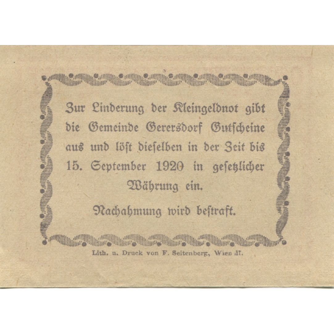 Banconote, Austria, Gerersdorf, 20 Heller, route 1920-09-15, SPL Mehl:FS 230a