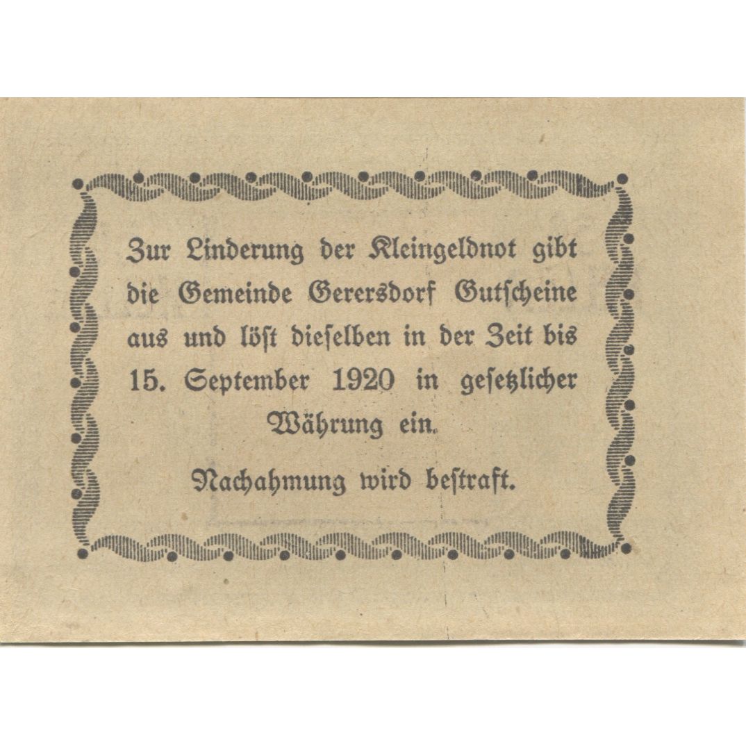 Banknot, Austria, Gerersdorf, 50 Heller, Eglise 1920-09-15, UNC(63) Mehl:FS 230a