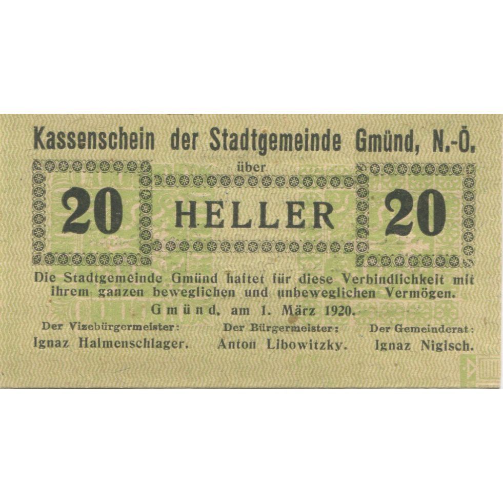 Billet, Autriche, Gmünd, 20 Heller, valeur faciale, 1920 SPL Mehl:FS 239a1.1
