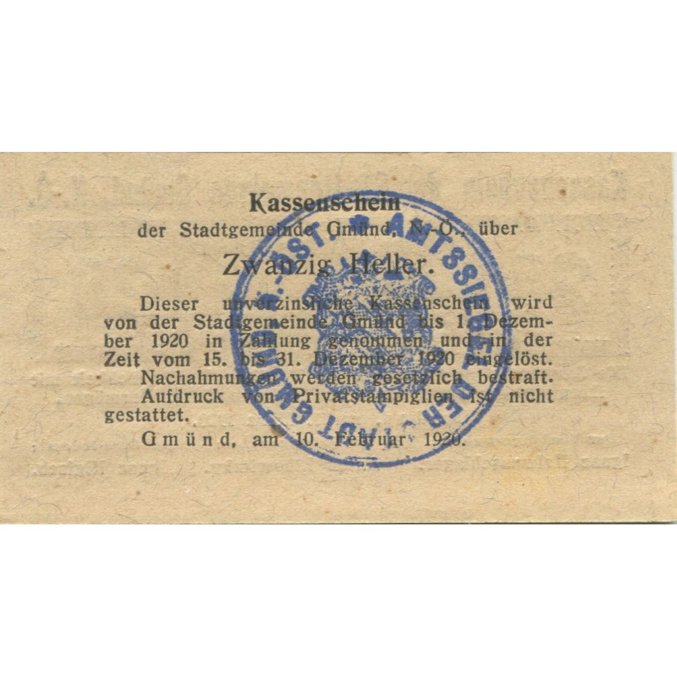 Billet, Autriche, Gmünd, 20 Heller, valeur faciale, 1920 SPL Mehl:FS 239a1.1