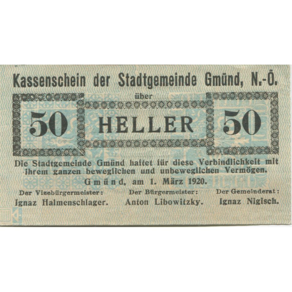 Banknote, Austria, Gmünd, 50 Heller, valeur faciale 1920 UNC(63) Mehl:FS 239a1.1