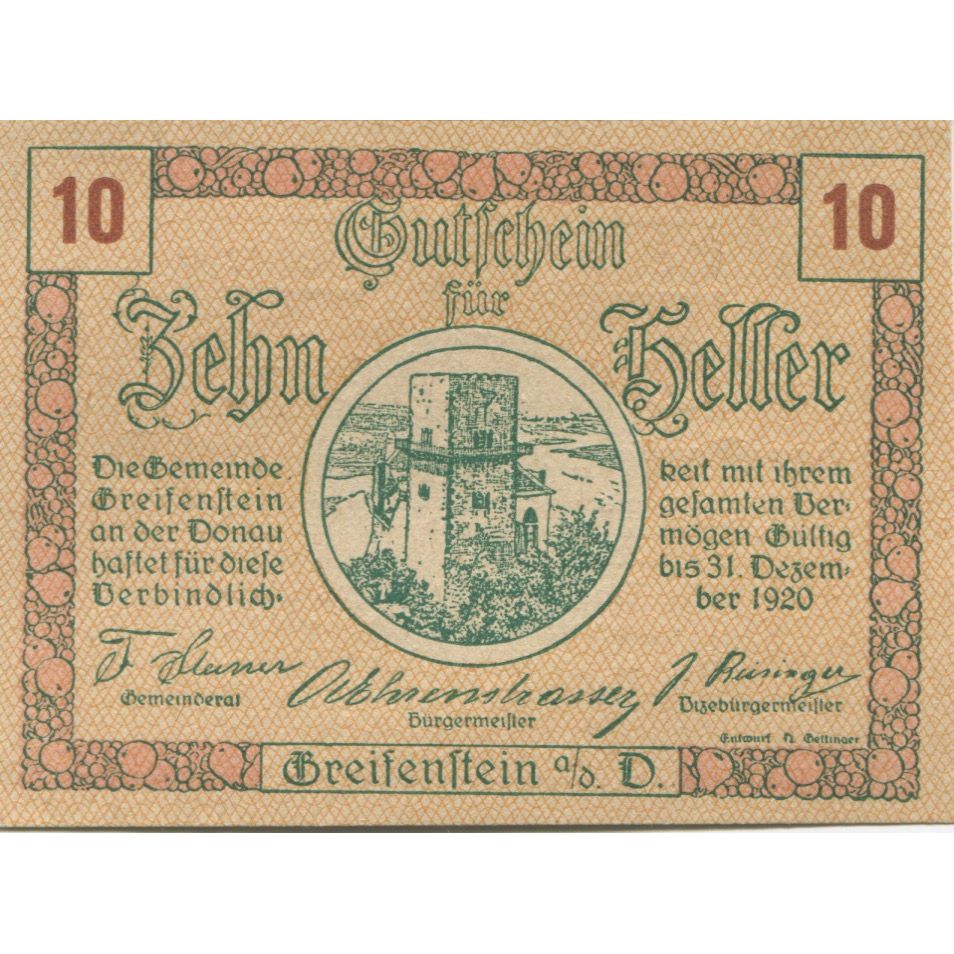 Banknote, Austria, Greifenstein, 10 Heller, château 1920 UNC(63) Mehl:FS 275a