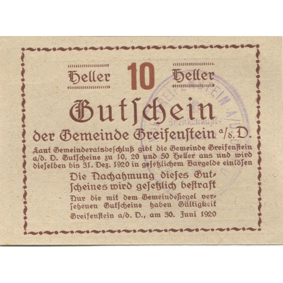 Banknote, Austria, Greifenstein, 10 Heller, château 1920 UNC(63) Mehl:FS 275a