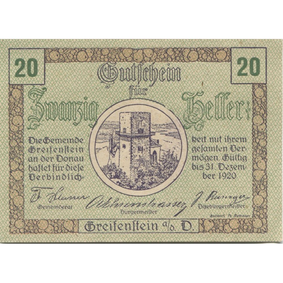 Billet, Autriche, Greifenstein, 20 Heller, château 1, 1920 SPL Mehl:FS 275a