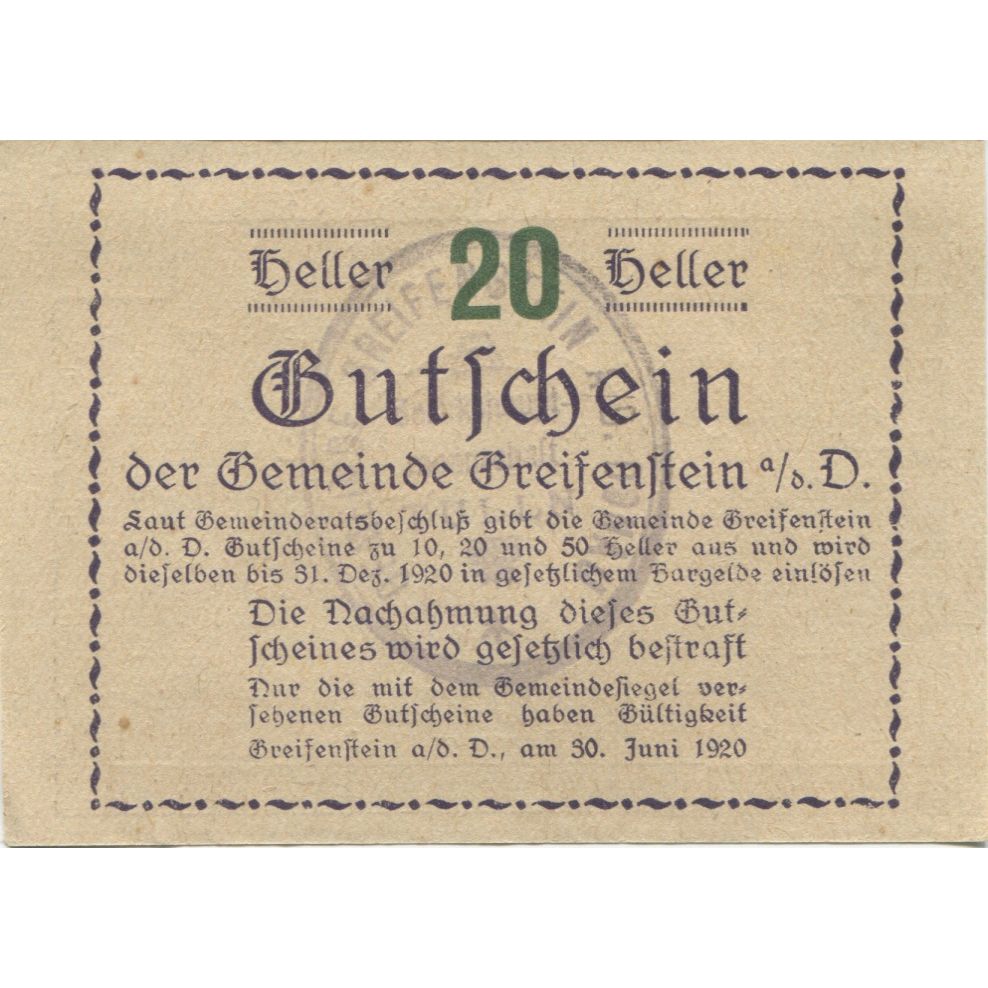 Billet, Autriche, Greifenstein, 20 Heller, château 1, 1920 SPL Mehl:FS 275a