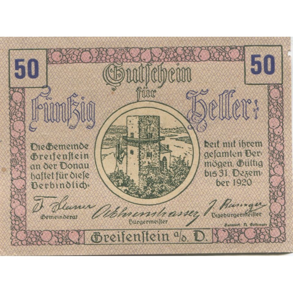 Banknote, Austria, Greifenstein, 50 Heller, château 3, 1920 UNC(63) Mehl:FS 275a