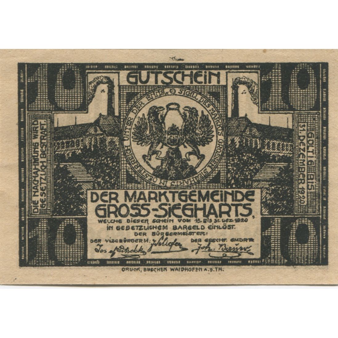 Geldschein Österreich Gross-Siegharts 10 Heller, Blason, 1920 UNZ- Mehl:FS 297a