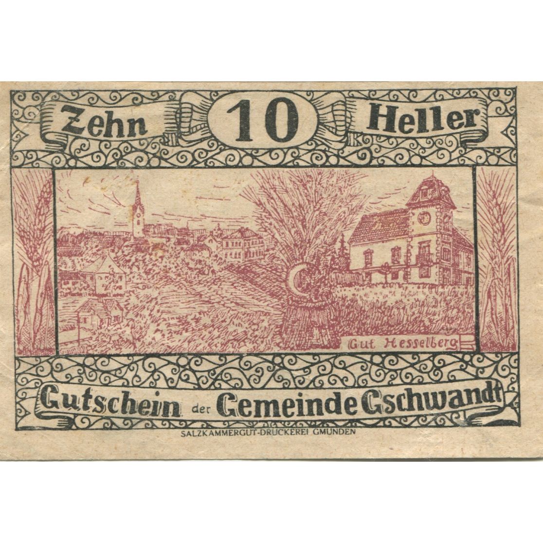 Geldschein, Österreich, Gschwandt, 10 Heller, village 1920 UNZ- Mehl:FS 305a
