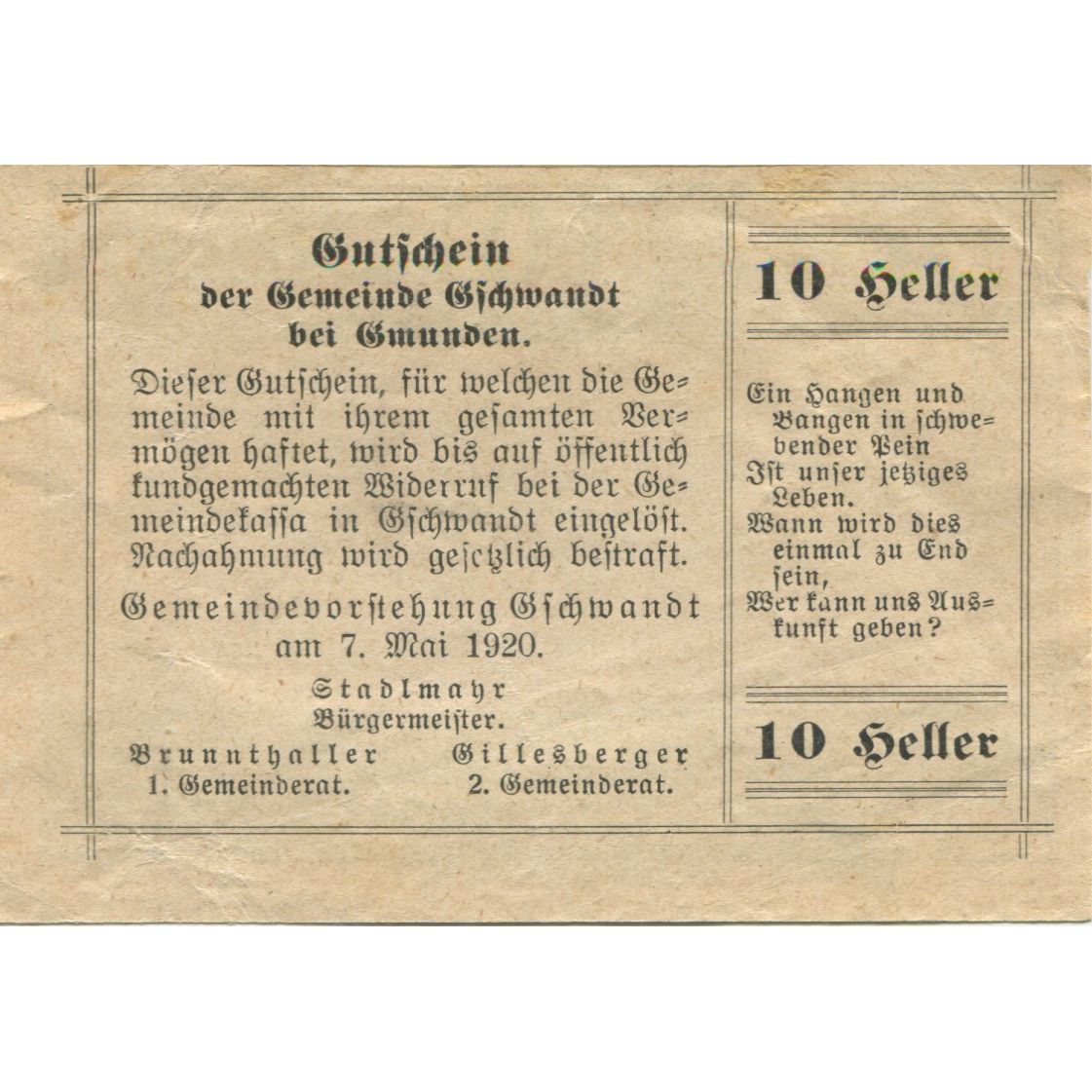 Geldschein, Österreich, Gschwandt, 10 Heller, village 1920 UNZ- Mehl:FS 305a