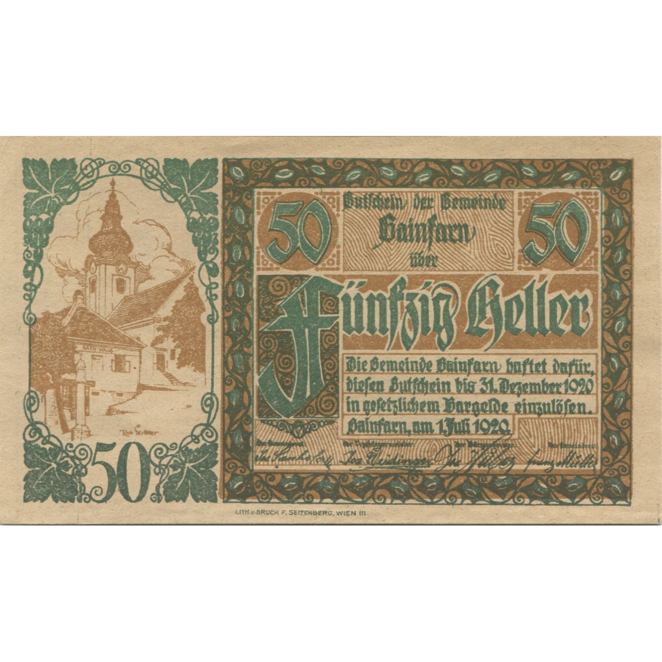 Biljet, Oostenrijk, Gainfarn, 50 Heller, Eglise 1920-12-31, SPL, Mehl:FS 217a