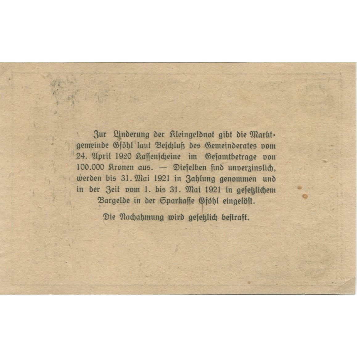 Banknote, Austria, Gföhl, 10 Heller, village 1921-05-31, UNC(63) Mehl:FS 234